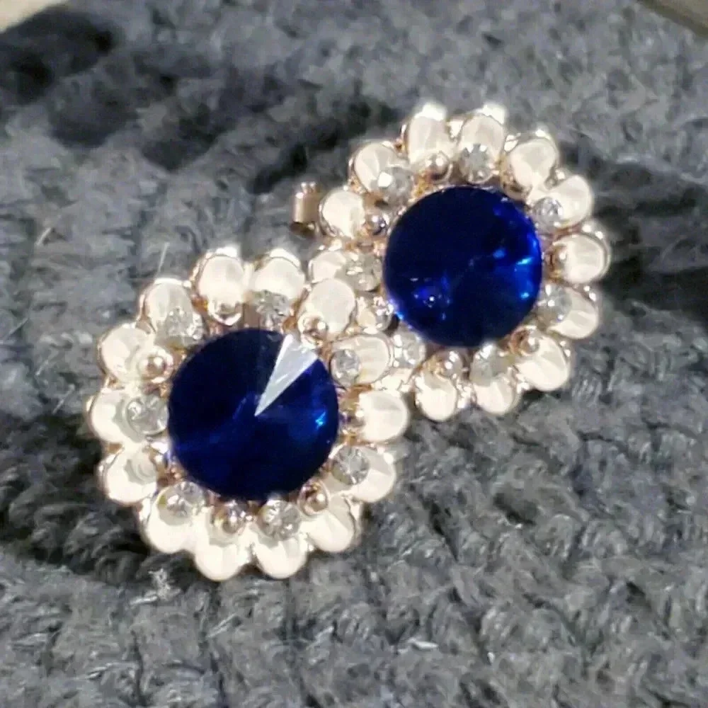 Sapphire Blue Lady Di Style Austrian Rivoli Crystal Earrings